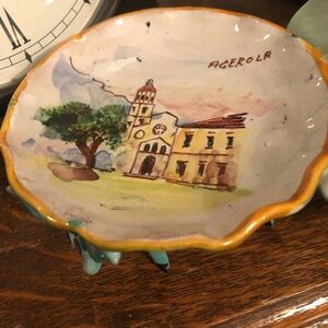 Hand-Painted  Vintage Italian  Pedestal Ceramic Dish  With City of Agerola